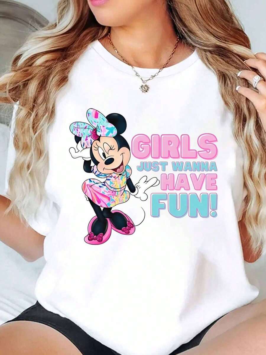 Camiseta de mujer con estampado de Minnie Mouse "Las chicas solo quieren divertirse" de Disney, de cuello redondo, manga corta, uso casual de verano para uso diario y vacaciones, suave y cómoda de 220g - Blanco - Ver 1