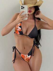 Bonvoyette Conjunto de 4 piezas para vacaciones de mujer: Top de bikini con estampado de cuello halter, Bottom de traje de baño, falda larga tipo sarong y cubre-todo - Negro 2 - Ver 10