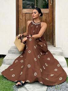 Plus Vestido sin mangas con estampado integral de lentejuelas y parches, vestidos de verano de estilo vacacional para mujeres de talla - Marrón - View 7