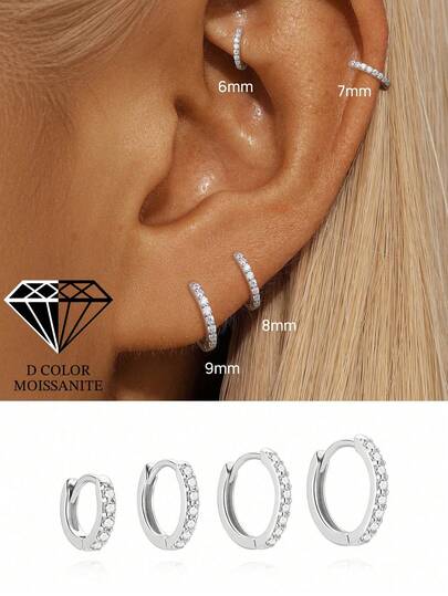 1pc 6mm/7mm/8mm/9mm Moissanite Earrings, Women's, 925 Sterling Silver Plated 18K White Gold, Low Allergy, Lightweight Moissanite Stud Earrings