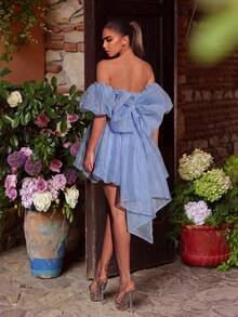 Faeriesty Elegant Fashion Puff Sleeve Graduation Dress With Large Bow Tie And Floral Decor | Luxury Party Wedding Gown - 淺藍色 - 查看 2