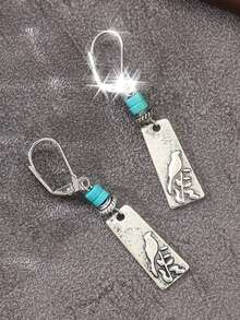 Vintage-Style Bird Pattern Rectangular Pendant Earrings, Inlaid With Artificial Turquoise, Exquisite Jewelry Accessories Suitable For Women's Casual Daily Wear - Silver - View 6