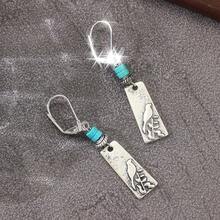 Vintage-Style Bird Pattern Rectangular Pendant Earrings, Inlaid With Artificial Turquoise, Exquisite Jewelry Accessories Suitable For Women's Casual Daily Wear - Silver - View 4