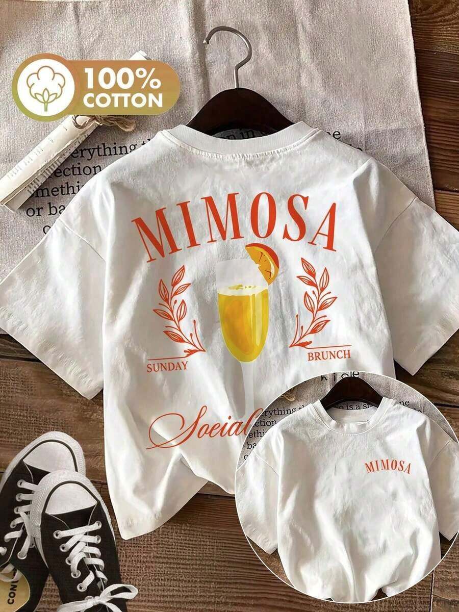 [Double Side Print] Women's Casual Summer Top, Vintage Leaf Print, MIMOSA SAY BRUNCH Social, Pure Cotton Printed Crew Neck Short Sleeve T-Shirt [LingK] Spring Outfit, Cotton T-Shirt - 白色 - 查看 1