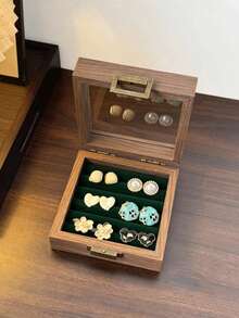 1pc Vintage Wooden Jewelry Box With Lid, Transparent Dust-Proof Storage Box For Earrings, Rings, Bracelets, Portable Small Accessory Organizer - Multicolor - View 10