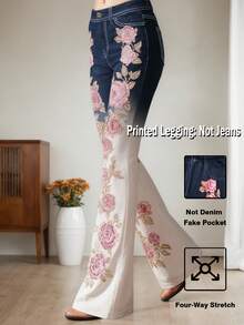 Pantalones estampados de talla grande, [pantalones estampados - no de tela de mezclilla] Pantalones acampanados de ajuste entallado con estampado de imitación de mezclilla, estampado floral, estampado con efecto de tela de imitación de mezclilla, bolsillos y botones de imitación, y estilo vintage de - Azul oscuro - Ver 2