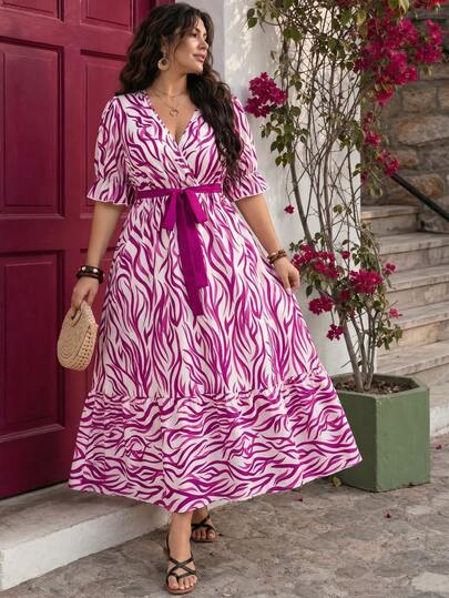 Farbiges gestreiftes geometrisches Muster Kleid aus Webstoff für Damen in Große Größen, geeignet für Urlaub, Zuhause, Reisen, Teegesellschaft, Frühlings-/Sommerurlaub
