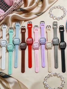 10pcs Men's And Women's Macaron-Style Quartz Watch Set, Featuring A Simple Square Dial Paired With A Silicone Strap, With Clearly Readable Numeric Markers. The Candy-Colored Design Is Fresh And Eye-Catching, Suitable For Students, Daily Wear, And Casual Style In Various Scenarios. - Multicolor - View 2