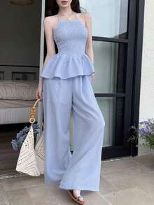 Conjunto de top sin mangas con volantes y espalda descubierta, y pantalones rectos casuales, elegante para ir al trabajo, romántico, playa, vacaciones - Conjunto de ropa de mujer para primavera y verano - Azul - Ver 7