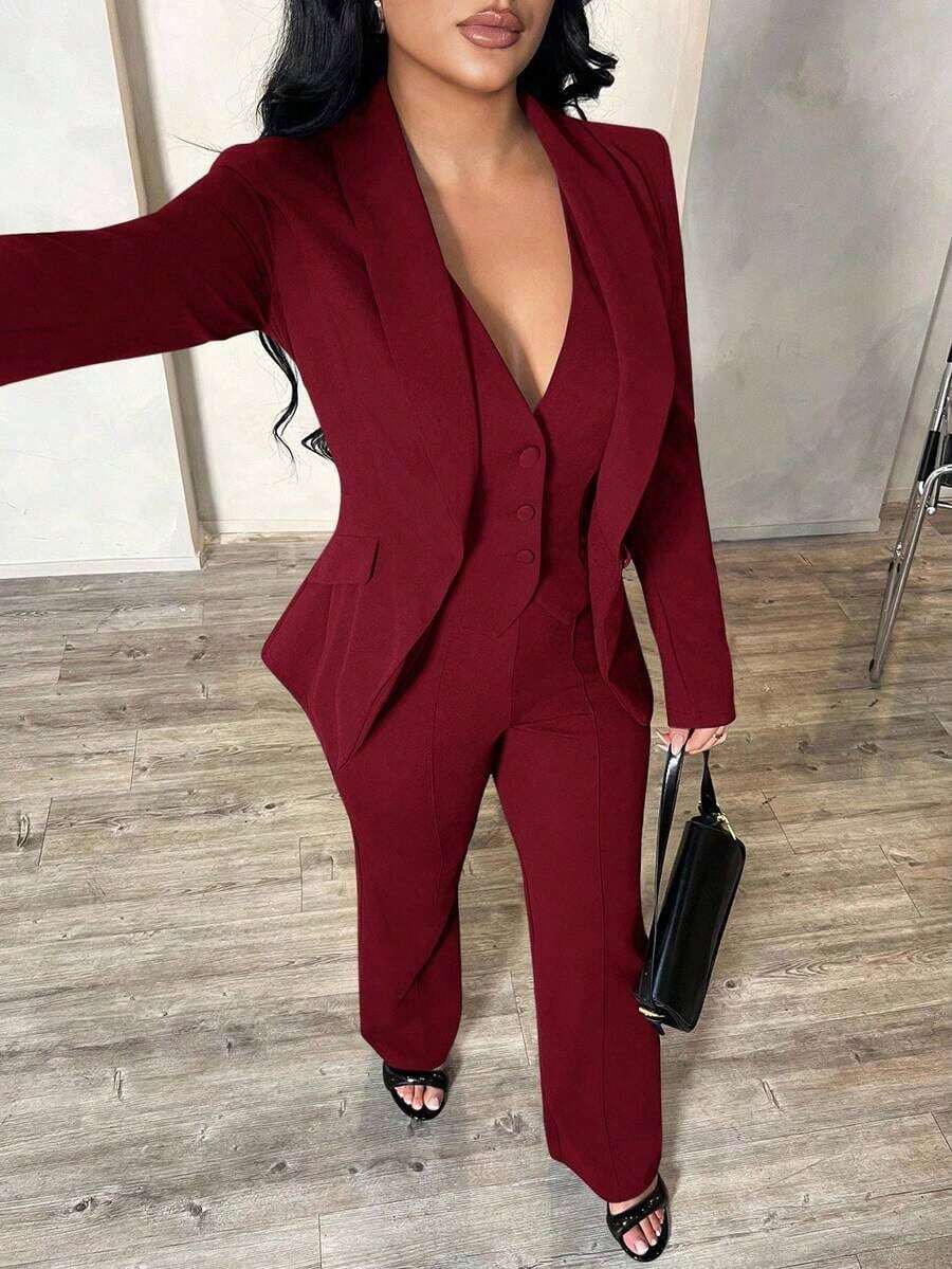 Set de 3 piezas: Blazer de manga larga azul profundo, chaleco y pantalones, conjunto sexy para ir al trabajo y citas, otoño/invierno, negocios, retro, fiesta, resort, salida, dinero viejo, sirena coqueta, baile de graduación, baile, San Valentín, ropa de crucero, ir al trabajo, con capas ricas, noche de cita, reunión, minimalismo, cumpleaños, evento formal, descanso, modesto, elegante, casual, compras, ropa de calle, salir, otoño - Burdeos - Ver 1