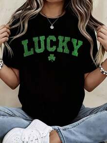 Lucky Shamrock T-Shirt For St. Patrick's Day, Women's Graphic Tee, White With Bright Green Lettering, Casual Crop Top, Lucky Shamrock Design, 100% Pure Cotton, Bohemian Style. - 黑色 - 查看 2