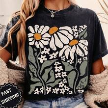 Wos Boho Daisy Flower Tee Shirt, Botanical Wildflower Shirt Plant Shirt R Floral T-Shirt, Cotton220g heavyweight 100% cotton T-shirt. Butterfly print. Unisex sizing. Round neck inspirational T-shirt. Cute and beautiful Y2K-inspired summer top, perfect for the outdoors, home, work, or street wear. Casual, loose-fitting everyday T-shirt. - Negro - Ver 1