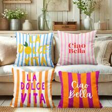 4pcs Italian Summer Striped Pillow Covers, Sofa Decorative Cushion Covers, Machine Washable, Multiple Sizes Available, Printed With "Ciao Bella" Lemon Pattern (Double-Sided Print, Pillow Insert Not Included) - A - View 8