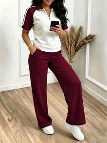 Women's New Spring/Summer Collared Half-Zip Sporty Contrast Color Short Sleeve Top And Elastic Waist Loose Solid Color Pants 2-Piece Set, Suitable For Outdoor Sports, Workout, Casual Commute, Street Wear In Spring And Summer - Wine Red 29 + Off-white - View 3