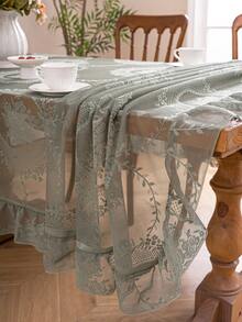 1pc French Elegant Floral Lace Trim Tablecloth, Countryside Fresh Decor - Green - View 10