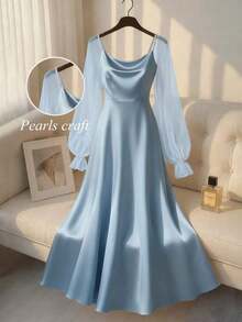 Vestido de línea A de manga larga con decoración de perlas de satén elegante para mujer, adecuado para ir al trabajo, fiestas y reuniones - Celeste - Ver 1
