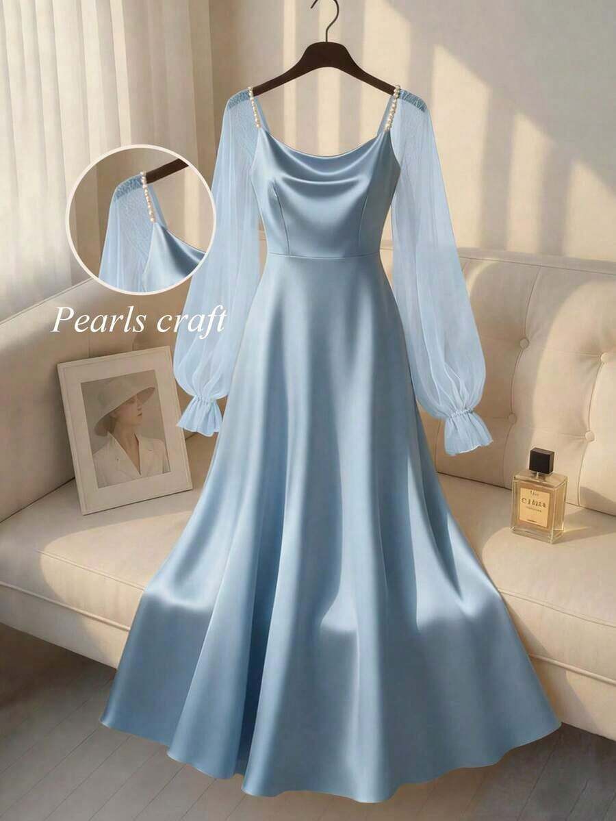 Vestido de línea A de manga larga con decoración de perlas de satén elegante para mujer, adecuado para ir al trabajo, fiestas y reuniones - Celeste - Ver 1