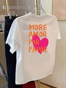 Camisetas de verano, informales, de corte holgado para mujer con estampado de corazón y eslogan, de algodón blanco, cuello redondo holgado, manga corta, estilo Y2K, casual, para todas las estaciones, para uso diario, camisetas de verano - Blanco - Ver 3
