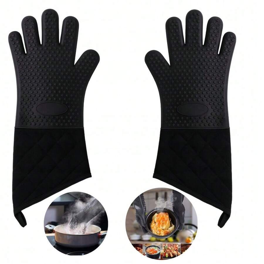 OVEN GLOVES SILICONE FINGERS GRILL KITCHEN OVEN 2 PCS HEAT RESISTANT - 黑色 - 查看 1