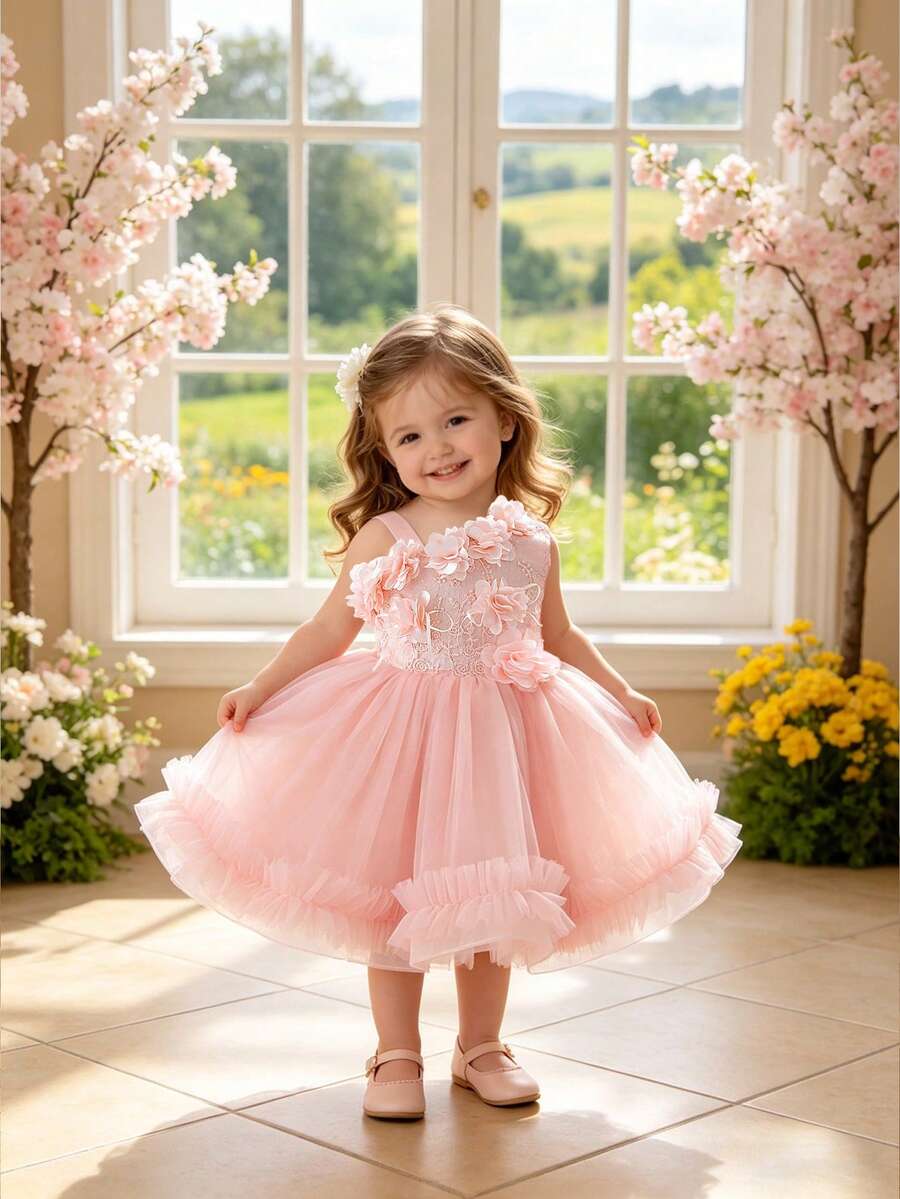 Baby Girls Sleeveless 3D Floral Embroidered Sequin Mesh Cute Wedding Flower Girl Puff Dress Suitable For 1st Birthday Family Gathering - Baby Pink - View 1