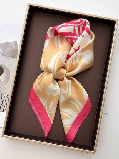 1pc Spring/Summer New Korean Style Elegant Floral Print 65*65 Faux Silk Scarf, Suitable For Professional Suits, Parties, Street Dance, Travel Photography Matching