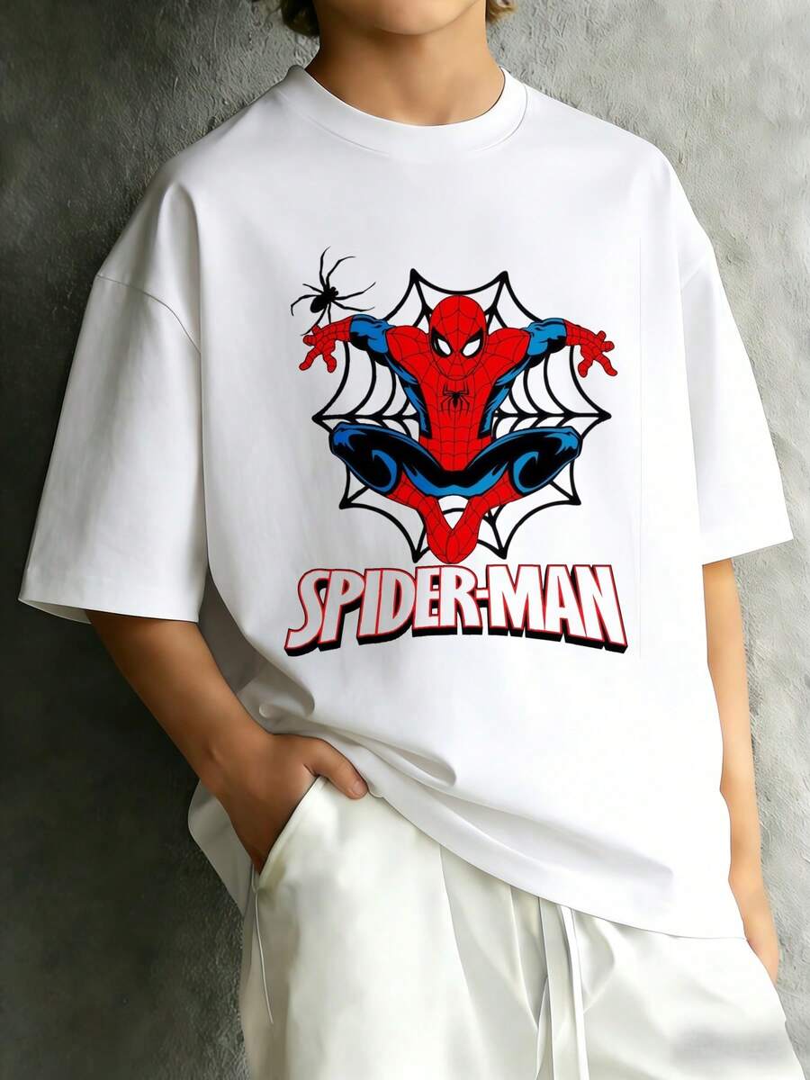 MARVEL Spider-Man Web Graphic T-Shirt For Men, 100% Cotton Loose Fit Streetwear Tee, Great Gift - 白色 - 查看 1