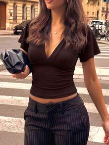 Áo croptop ngắn tay cánh dơi cổ chữ V màu nâu cho nữ, hàng mới về mùa hè. - Cà phê nâu - Xem 3