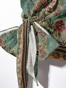Clasi Conjunto de 2 piezas de blusa de manga corta con cuello redondo cómoda y holgada con lazo, y pantalones rectos, con estampado floral en color albaricoque y verde, de estilo vintage elegante y versátil, adecuado para otoño/invierno - Multicolor 6 - Ver 6