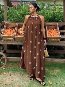 Plus Vestido sin mangas con estampado integral de lentejuelas y parches, vestidos de verano de estilo vacacional para mujeres de talla - Marrón - View 2