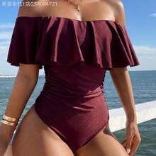 MewMuse.  Traje de baño de una pieza con hombros descubiertos, volantes y estampado de leopardo, con cordón lateral, estilo boho para festivales, para primavera/verano - Burdeos - Ver 1