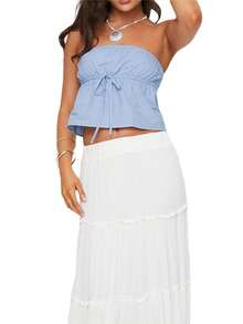 Women Drawstring Tube Tops Solid Color Summer Strapless Cropped Bandeau Backless Shirts For Streetwear - Sky Blue - View 1