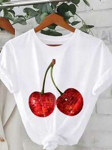 Camiseta de manga corta con estampado de cerezas para mujer, ideal para vacaciones, primavera y ropa de resort-Vintage Street Style Unisexoose Cotton Short Sleeve Crew Neck T-Shirt - Blanco - Ver 3