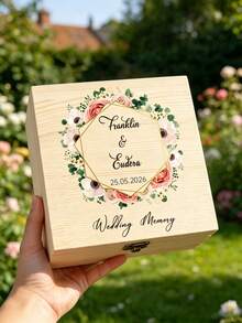 1pc Custom Wedding Memory Box, Personalized Couple Name & Date Wooden Keepsake Box With Floral Wreath Design, Ideal For Storing Wedding Cards - Multicolor - View 22