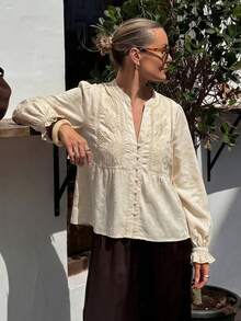 Women's Elegant Chic Floral Embroidery Blouse, Casual Versatile Top For Everyday Outfit, Daily Wear - Apricot - View 2