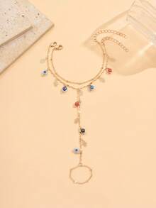 2pcs Gold Tone Finger Chain Mysterious Evil Eye Tassel Hand Chain, Charming Jewelry Accessory Suitable For Daily Wear And Party/Holiday, Handmade Colorful Beads On Chain Are Randomly Distributed - Multicolor - View 2
