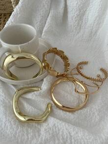 7 piezas Brazaletes abiertos asimétricos con ondas y patrón geométrico vintage, accesorios simples y de moda para mujeres, adecuados para uso casual, fiesta, boda y vacaciones de verano - Estilo 1 - Ver 6