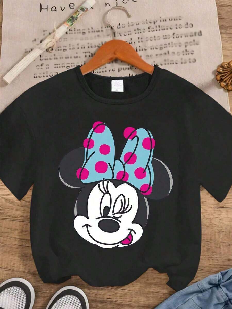 Disney Minnie Mouse Series Graphic Print Casual Fashion Short Sleeve T-Shirt, Stretchy, Opaque, Easy Care Fabric, Suitable For Daily Wear - màu đen - Xem 1