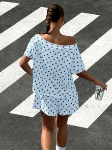 Conjunto de dos piezas de camisa de manga corta asimétrica con estampado de luna y pantalones cortos para mujer de , ideal para vacaciones casuales de verano. - Azul - Ver 2