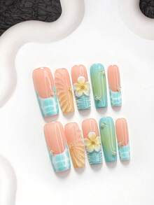 10片夏季風格手工穿戴式美甲，Polygel美甲套組，花卉五瓣手繪設計，黃色與藍色配色，優雅時尚，附美甲工具，3種尺寸可選，杏仁/鴨嘴/棺材形，適合派對、跳舞、日常配戴 - 彩色 - 查看 4