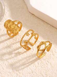 3pcs Stainless Steel Minimalist Star & Moon Open Ring Set, Suitable For Women's Daily, Party, Gathering Wear - Yellow Gold - View 5