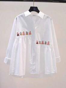 Versatile Women's Long-Sleeved Solid-Color Shirt With Embroidery, For Spring - White - View 3