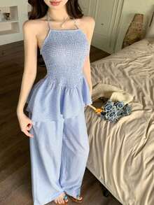 Conjunto de top sin mangas con volantes y espalda descubierta, y pantalones rectos casuales, elegante para ir al trabajo, romántico, playa, vacaciones - Conjunto de ropa de mujer para primavera y verano - Azul - Ver 2