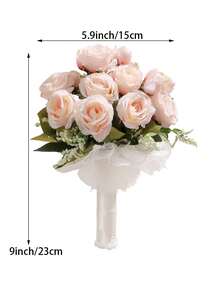 10-Inch Heart Crystal Bridal Bouquet, Lace Bow Silk Rose Wedding Ceremony Prop, Graduation Prom Gift - Multicolor - View 18