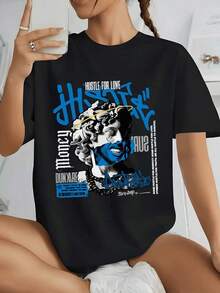 Abstract Graffiti Collage Featuring A Classical Sculpture With A Golden Halo And Motivational Words Symbolizing Urban Energy And Creative Freedom. Women's 100% Cotton T-Shirt, Women's Sportswear, Elegant Blouses For Young Women, Women's Basic Blouses. - 黑色 - 查看 7
