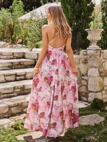YkhahaKARISMINA Vestido de una pieza con cuello en pico, espalda abierta cruzada y estampado de leopardo para primaveraYkhaha - Rosa - Ver 7