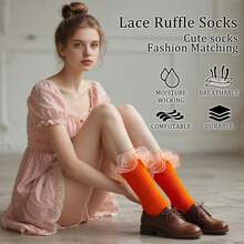 Women Big Ruffle Ankle Socks Adult Fluffy 4-Layer Lace Frilly Socks Fold Cuff Cotton Fancy Ruffled Dress Sock - Orange - 1 Pair - View 6