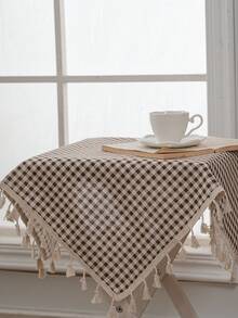 Tokoto Coffee Gingham Tablecloth With Tassel Fringe, Farmhouse Cotton Linen Table Cover For Dining Table, Nightstand & Coffee Table Decor, Rustic Boho Plaid Style - Brown - View 11