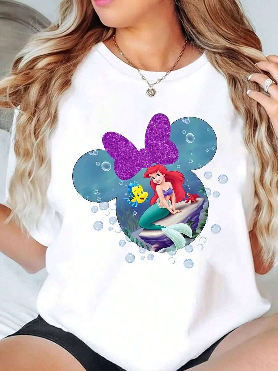 Mickey Mouse Head With Ariel And Flounder Underwater Print Disney Women T Shirt Round Neck Short Sleeve Casual Summer Wear For Everyday And Holiday Soft Comfortable 220g - White - View 1