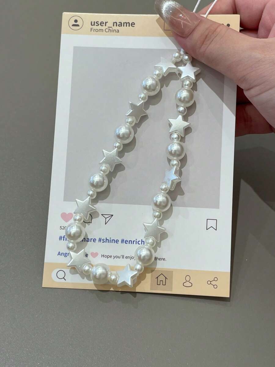 女士星形珍珠串珠手机挂绳、CCD相机挂绳、包包挂饰、钥匙扣、耳机盒吊坠 - 白色 - 查看 1
