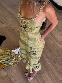 Conjunto Nuevo Tirante Cuello V Falda Estampada Con Volantes - Verde - Ver 4